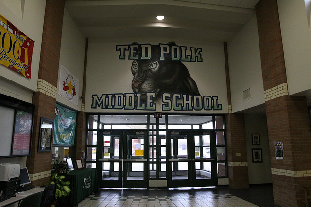 Entrance of polk Middle school with a mural of their mascot, a panther