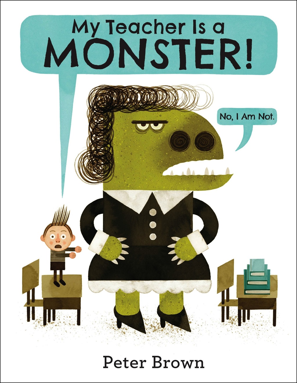 a boy saying his teacher is a monster and a dinosaur dressed as a teacher saying she isn't a monster.