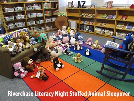 Numerous stuffed animals in the library set up as if another stuffed animal is reading to the others while they sit on the floor.