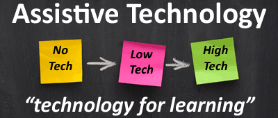 Assitive Technolog, Technology for learning, three post its representing "no tech, low tech, and high tech"