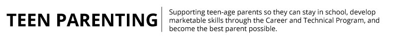 Teen Parenting: Supporting teen-age parents so they can stay in school, develop marketable skills through the Career and Technical Program, and become the best parent possible.