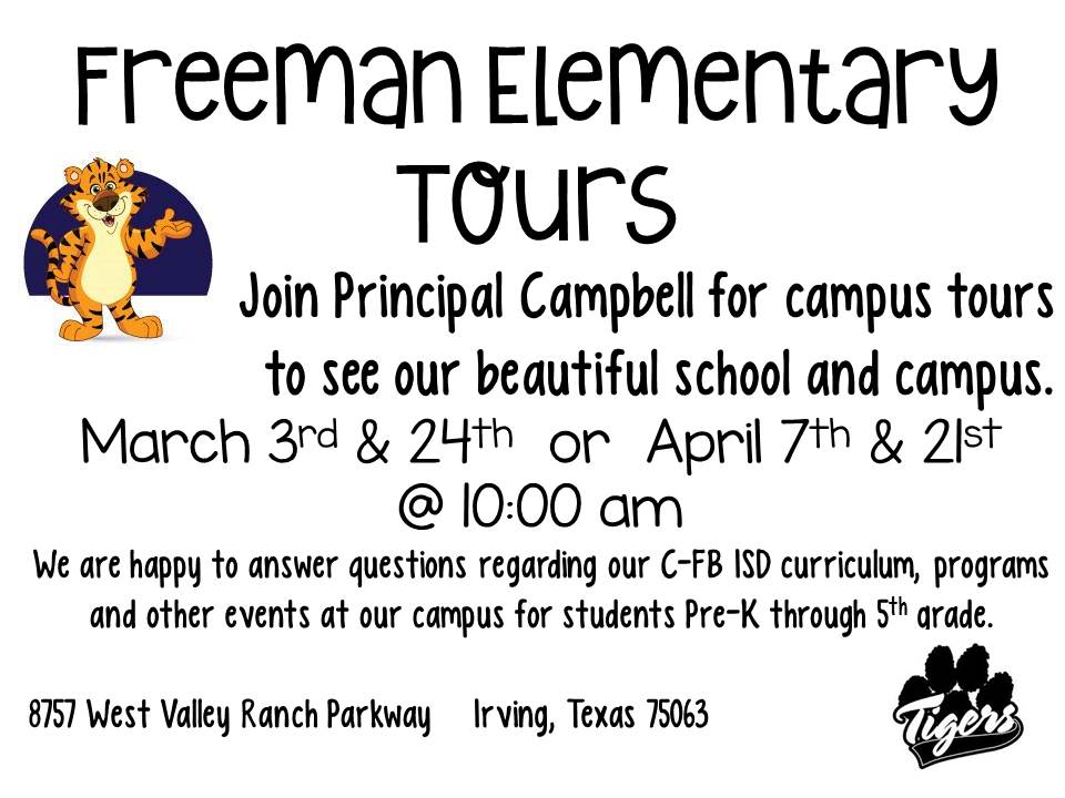 Join Principal Campbell for campus tours to see our beautiful school! Tours will take place on the following dates: March 3rd & 24th, April 7th & 21st Each tour will begin at 10:00AM.