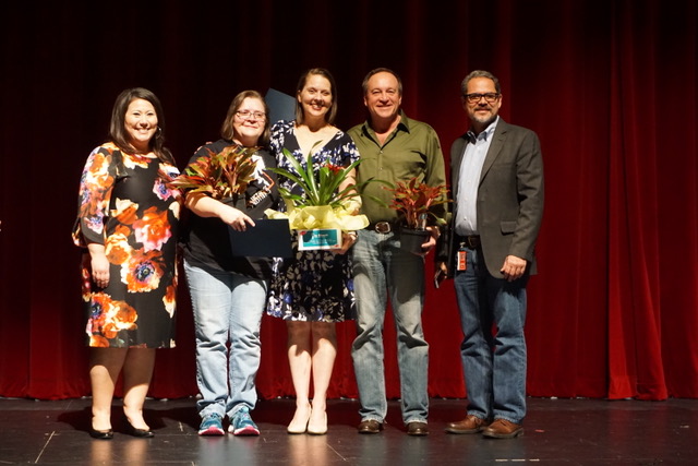 From left to right, associate principal Dana Macedo congratulates Colleen Reicherts, Ronelle Eddings, and Bunker Hill for all they have done for the CFB community.  Principal Joe LaPuma also offered his congratulations.  