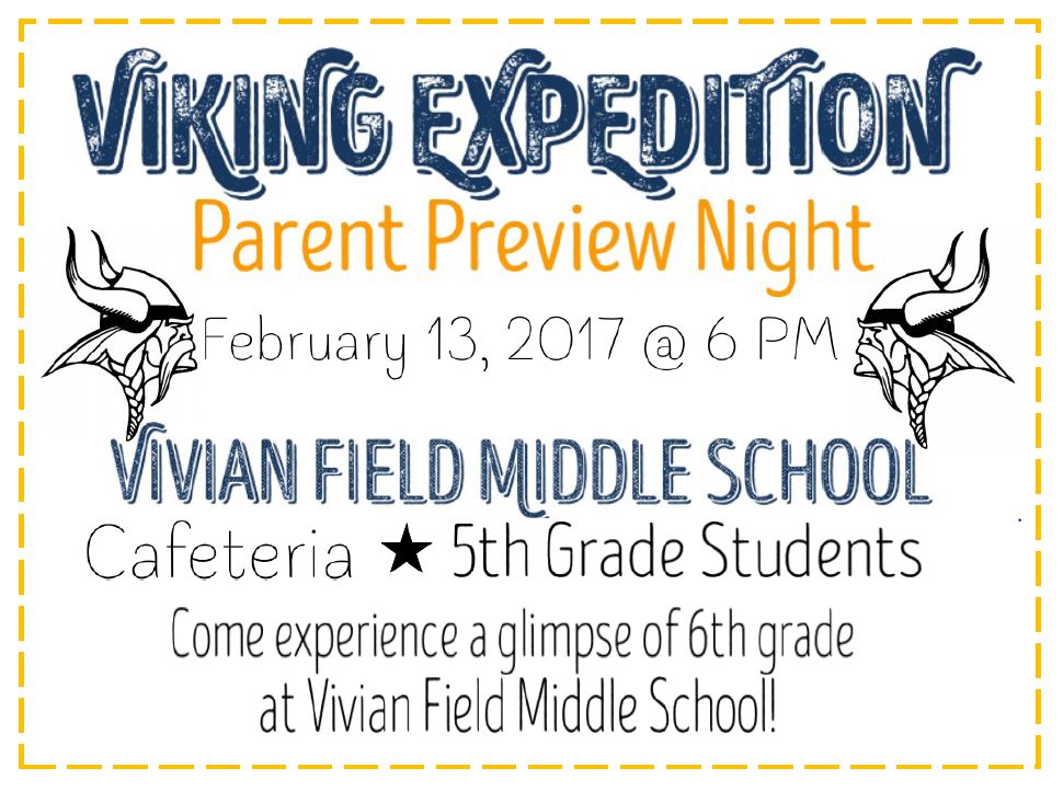 Please join us on February 13, 2017, in the large gym (we've changed the location from the cafeteria) at 6:00 PM for our annual 5th Grade Parent Preview Night!