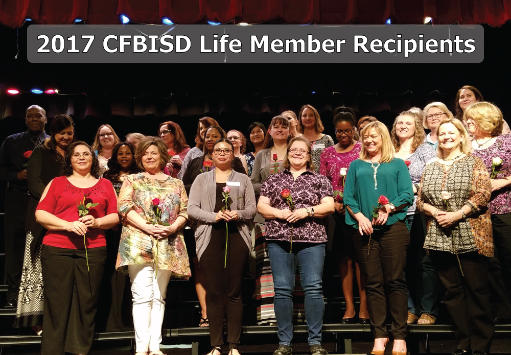 On April 4, 2017, CFBISD Council PTA recognized all the Life Member recipients in CFBISD at a ceremony at DeWitt Perry Middle School Auditorium.   The Life Member Award is a high honor that recognizes an individual for their outstanding contributions to the well-being of children and youth. The Extended Service Award is for a person that is a Life Member and continues to be actively involved in TX PTA for 10 years.   The National Life Achievement is presented to a person that daily lives out his/her commitment to children.