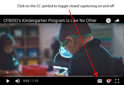 Click on the CC symbol to toggle closed captioning on and off