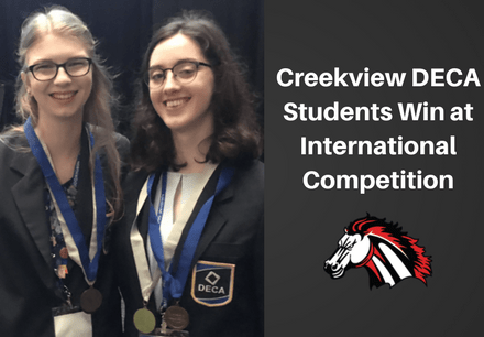 Creekview students Meg Hawkins and Laura Jabr receiving award for Top performer in presentation and overall finalist in advertising campaign