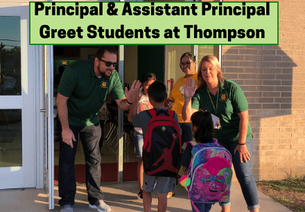 Principal & Assistant Principal Greet Students at Thompson Elementary