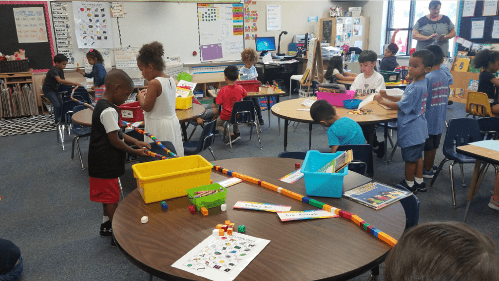 McCoy Students Building a Bridge out of building blocks